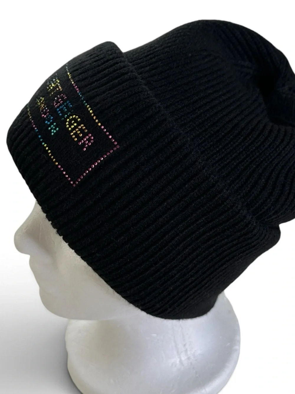 Kurt Geiger London Black Multi-Colored Crystal Logo Cuffed Ribbed Beanie NWOT